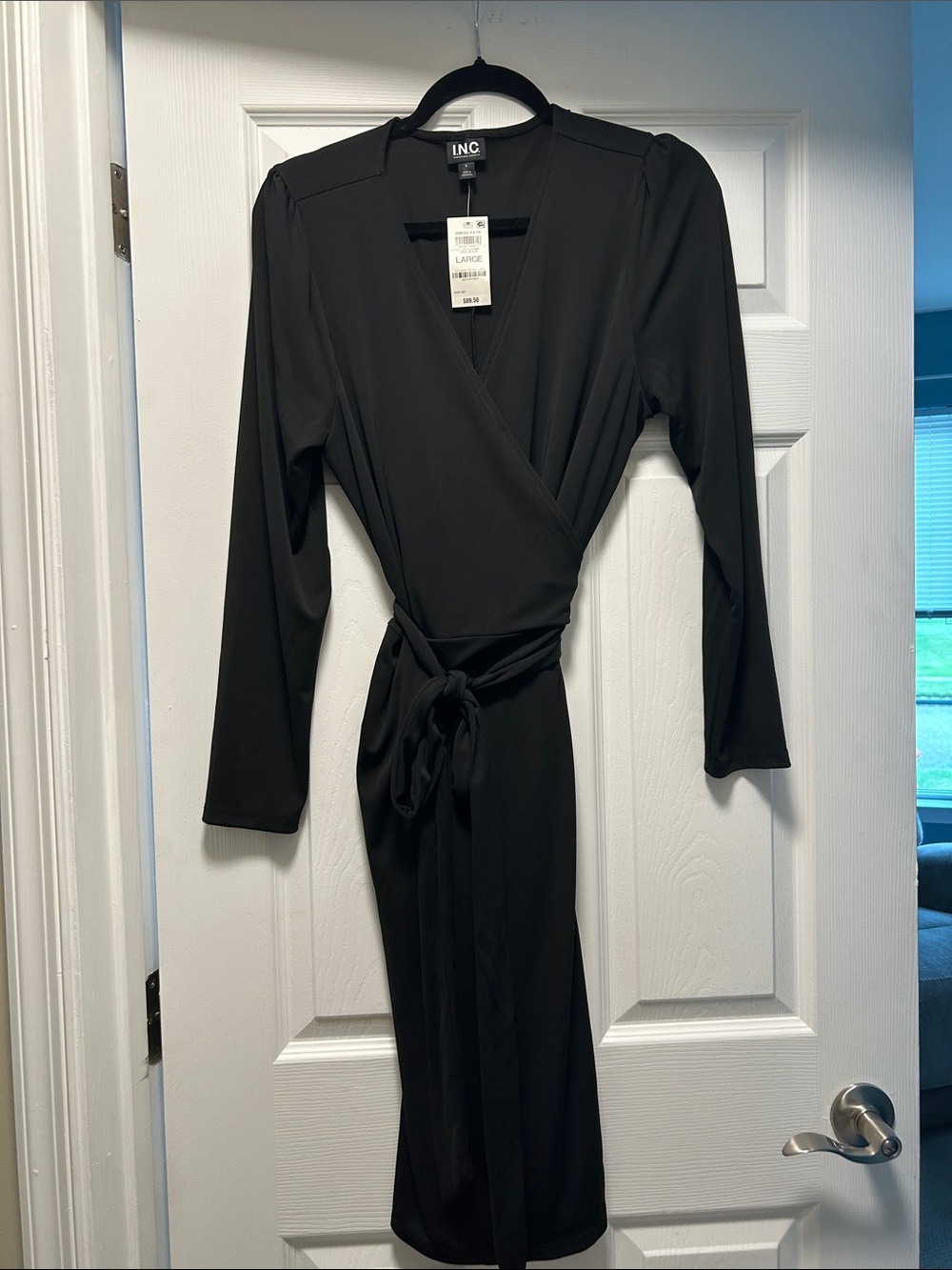 INC International Concepts Black Wrap Midi Dress with Tie Waist